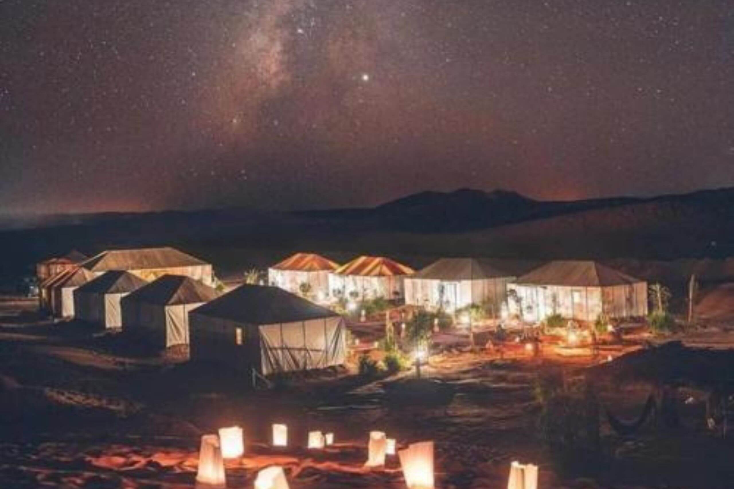 Nuit claire dans le désert de Merzouga avec tente berbère et ciel étoilé en arrière-plan (2)